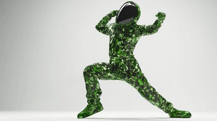 Leinwandbilder - A figure in a green camouflage suit with a reflective helmet poses dynamically.