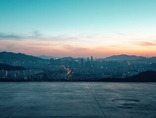 Poster - A serene cityscape at sunset, showcasing urban life against a mountainous backdrop.