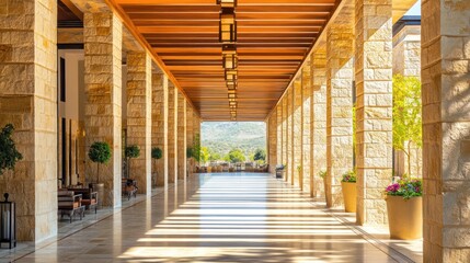 Aufkleber - A spacious corridor with stone columns, natural light, and decorative plants.