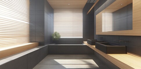 Poster - Modern bathroom with minimalist design, natural light, and sleek fixtures.
