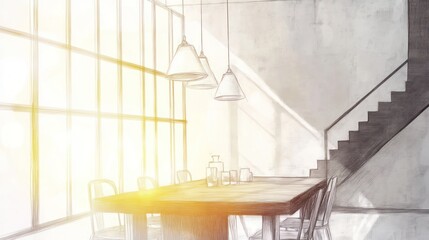 Poster - A minimalist dining space with natural light and a staircase.