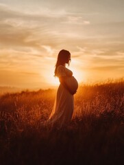 Wall Mural - Silhouette of a pregnant woman standing gracefully at sunset on a tranquil field, capturing a moment of anticipation and beauty. Generative AI