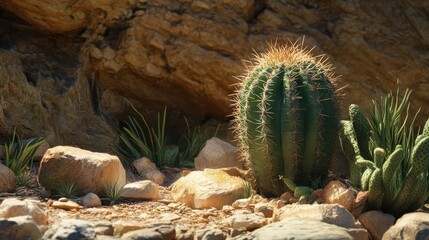 Wall Mural - Cactus surrounded by stones in a sunlit desert garden showcasing natural beauty and rugged landscapes.