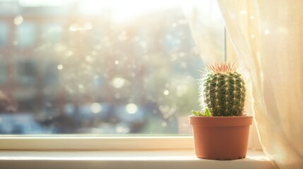 Sticker - Cactus on a bright windowsill with natural daylight creating a warm and inviting atmosphere