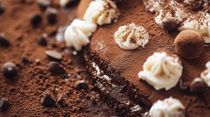 Poster - Decadent chocolate cake adorned with whipped cream and cocoa powder garnished with chocolate chips and truffles on a rich dessert surface