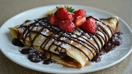 Canvas Print - Delicious cacao crepes topped with fresh strawberries and drizzled with chocolate sauce served on a white plate