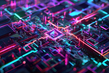 Wall Mural - close up horizontal illustration of a futuristic cybernetic motherboard with a glowing network of co