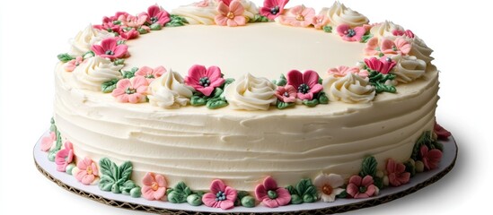 Canvas Print - Elegant buttercream cake adorned with floral decorations on a pristine white background, perfect for celebrations and special occasions.