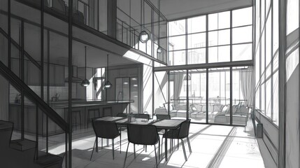 Poster - A modern, minimalist interior design showcasing an open living space with large windows.