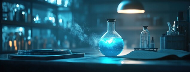 Leinwandbilder - A glowing flask in a dimly lit laboratory, suggesting scientific experimentation.