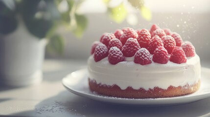 Canvas Print - Delicious raspberry cream cake illuminated by sunlight with a blurred background for a cozy dessert atmosphere