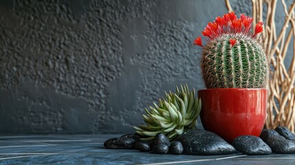 Sticker - Cactus in vibrant red pot surrounded by black stones with decorative elements on textured background in modern indoor setting