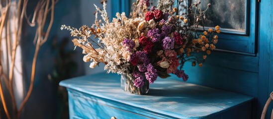 Canvas Print - Dried flower bouquet elegantly displayed on a vintage blue wooden dresser for a charming home decor ambiance