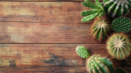 Canvas Print - Cacti arranged on rustic wooden background showcasing natural textures and vibrant colors for botanical and home decor themes