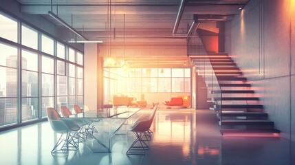 Aufkleber - Modern office interior with glass table, stylish furniture, and staircase, showcasing a bright atmosphere.