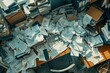© Atonu - A cluttered desk covered with various papers, stationery, and miscellaneous items, showcasing a busy workspace. The chaos and order of an accounting office during the end of the fiscal year .