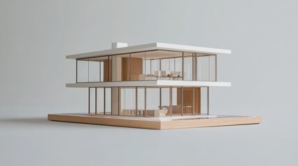 Aufkleber - A modern architectural model showcasing a two-story glass and wood structure.