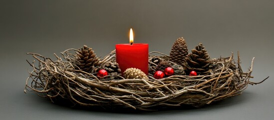 Canvas Print - Festive Christmas wreath with natural twigs and pine cones adorned with a glowing red candle for holiday decor and celebration