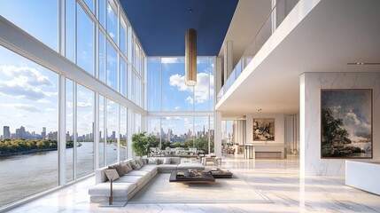 Poster - Modern luxury living room with expansive windows showcasing a city skyline and river view.