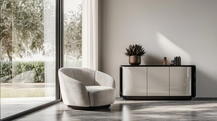 Aufkleber - A modern living space featuring a stylish chair and sleek cabinet by a large window.
