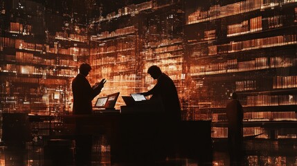 Leinwandbilder - Silhouettes of individuals interacting with technology against a backdrop of digital data.