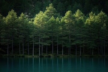 Poster - Serene forest reflection on a tranquil lake, showcasing vibrant greenery and calm waters.
