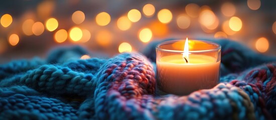 Wall Mural - cozy candle holder with a lit candle on a blanket surrounded by vibrant bokeh lights creating a warm