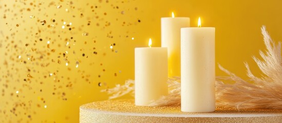 Wall Mural - candles glowing softly on a vibrant yellow background with golden glitter creating a warm festive at