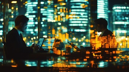 Aufkleber - Two professionals working in an office with a city skyline overlay.