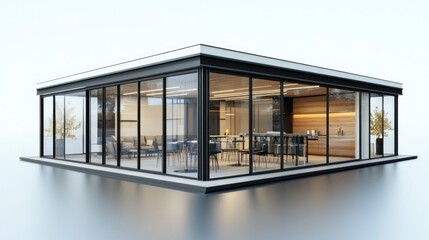 Aufkleber - Modern glass-walled building with a sleek design, ideal for offices or meeting spaces.