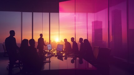 Aufkleber - A business meeting at sunset, with silhouettes against a vibrant skyline.