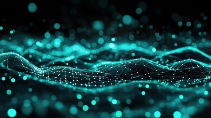 Fototapete - Abstract visualization of waves and particles in a digital landscape.