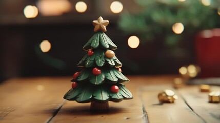 Canvas Print - Decorative Christmas Tree Toy with Ornaments and Star on Wooden Table Surrounded by Bokeh Lights and Golden Decorative Elements