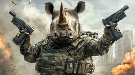 Poster - A rhinoceros with a human-like stance, wielding guns in a dramatic, action-packed scene.