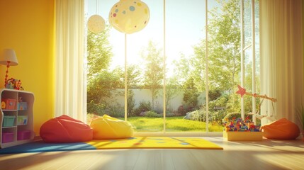 Aufkleber - A bright, cheerful children's playroom with colorful decor and a view of a garden.