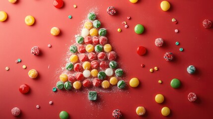 Canvas Print - Creative Christmas tree made of colorful candies on a vibrant red background perfect for festive holiday designs and seasonal celebrations.