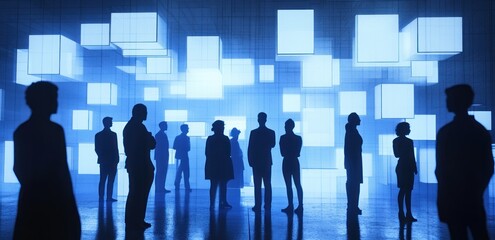 Poster - Silhouetted figures stand in a futuristic space illuminated by glowing cubes.