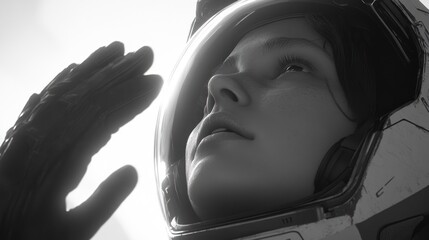 Poster - A close-up of a person in a space helmet, gazing upwards with a contemplative expression.