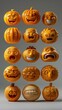 © M_H_L - A collection of orange pumpkin faces with various expressions, showcasing Halloween themes.