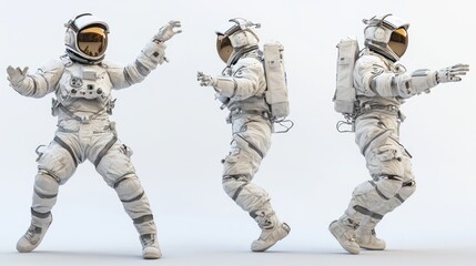 Leinwandbilder - Three views of an astronaut in a spacesuit, showcasing movement and design.