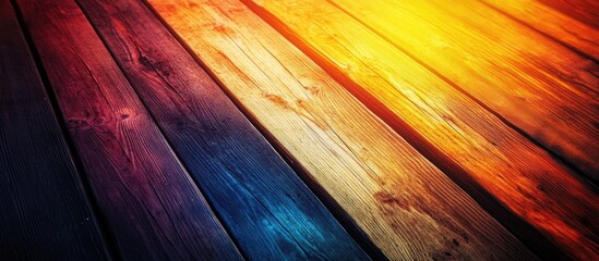 Wall Mural - vibrant wooden planks with a gradient of warm colors including orange, red and blue creating a stunn