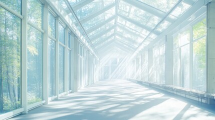 Leinwandbilder - A serene, light-filled corridor with large glass windows surrounded by greenery.