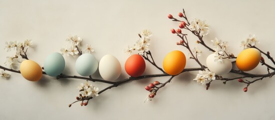 Wall Mural - Colorful Easter eggs arranged on a floral branch against a light background for spring decoration or festive design concepts