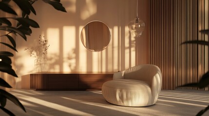 Aufkleber - A serene interior space featuring a curved chair and soft lighting with natural elements.