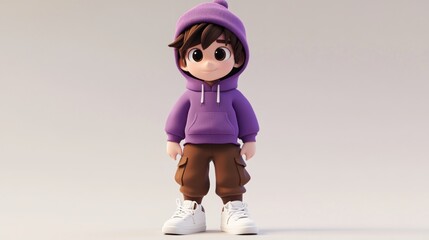 Poster - A cute cartoon character wearing a purple hoodie and brown pants, standing against a plain background.
