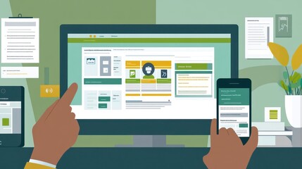 Aufkleber - A digital interface showcasing user profiles and information on a computer and smartphone.