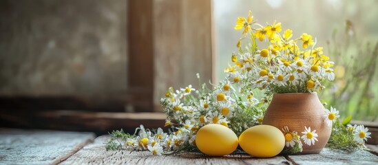 Wall Mural - Easter table display with yellow eggs and fresh chamomile flowers in a rustic setting capturing springtime ambiance and seasonal joy