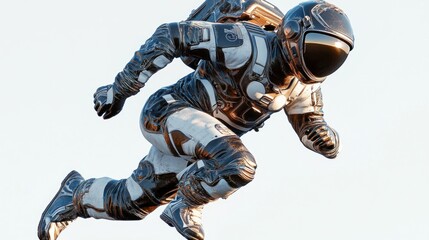 Aufkleber - A futuristic astronaut in a sleek spacesuit, mid-leap against a clear sky backdrop.