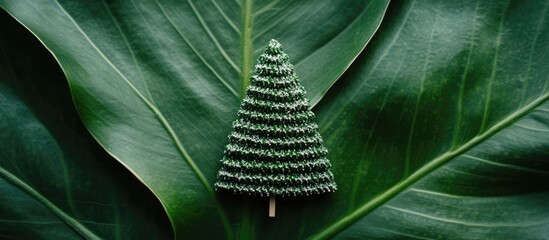 Canvas Print - Minimalist Christmas tree decoration on lush green leaves for seasonal holiday concepts and nature-inspired festive themes.