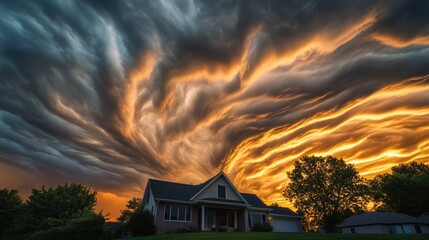 Wall Mural - dramatic sunset clouds over cozy house in vibrant sky display